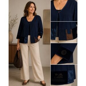 K.D. Spring Jacket Women Blue Patchwork Velvet Trim Embroidered Cardigan Vest S